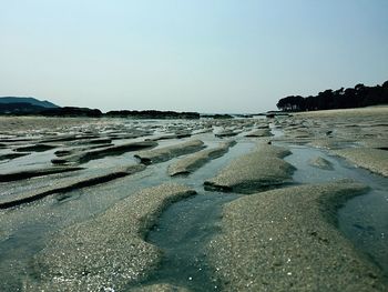 Scenic view of beach against clear sky