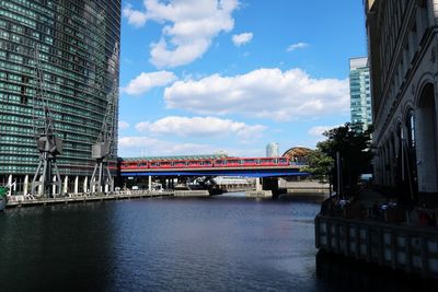 Bridge over river by buildings in city against sky