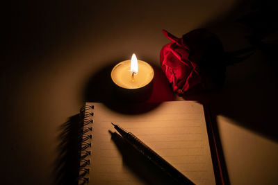 High angle view of lit candles on table