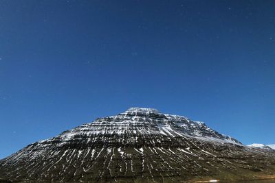 Low angle view of mountain against clear blue sky