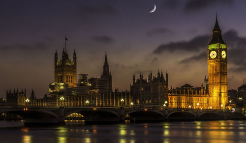 Scenic view of thames river by illuminated houses of parliament and westminster bridge against sky