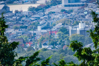 High angle view of buildings in town