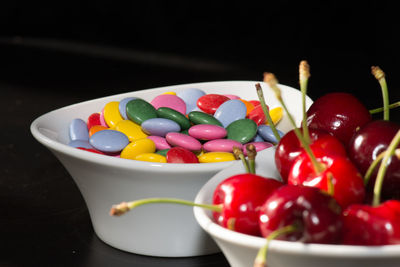 Close-up of multi colored candies in bowl