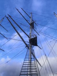 Low angle view of  'lord nelson'. ship's rigging and mast in bristol's harbour set against  blue sky