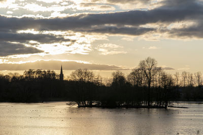 Silhouette plants by lake against sky during sunset