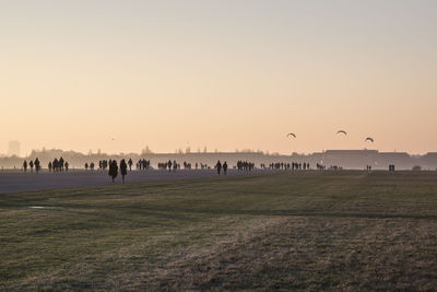 Birds flying over landscape against clear sky