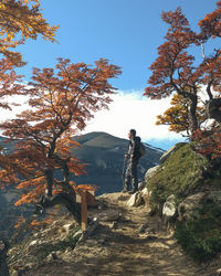 Low angle view of man standing by trees on mountain