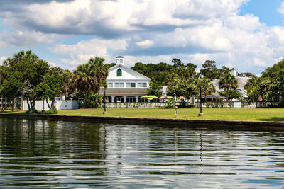 Lake by building against sky