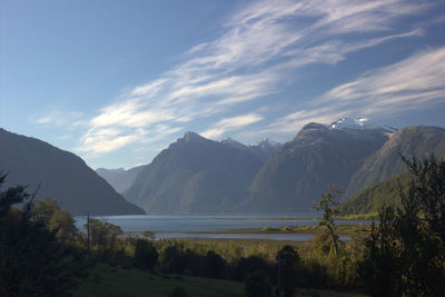 Scenic view of lake and mountains against sky
