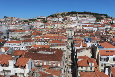 High angle view of houses in town against clear sky