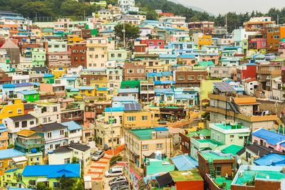 High angle view of residential buildings in city