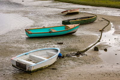 High angle view of boat moored on shore