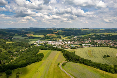 Aerial view of a landscape in rhineland-palatinate on the river glan with the town of meisenheim 