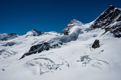 Scenic view of snow covered mountains against clear blue sky