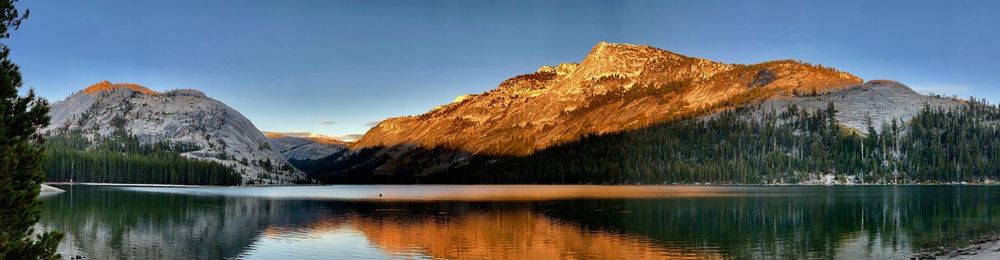 Scenic view of lake by mountains against sky