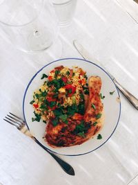 High angle view of meal served on table