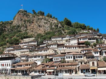 Buildings in town of berat against clear sky in albania