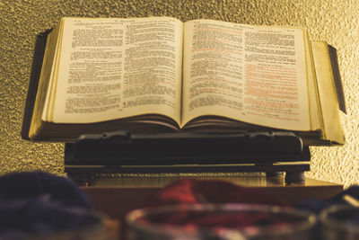 High angle view of open book on table