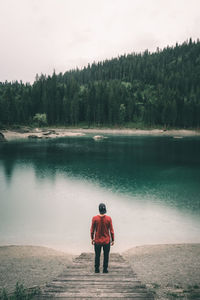 Rear view of man on lake against sky