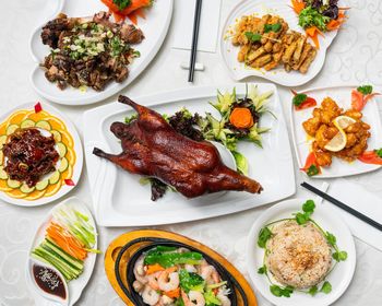 High angle view of food served on table