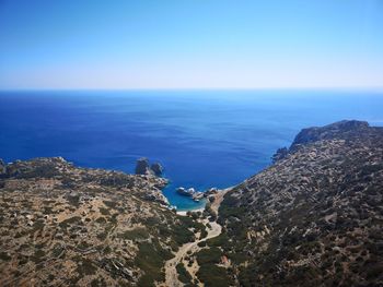 Scenic view of sea against clear blue sky
