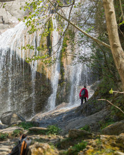 Man surfing on rock in forest