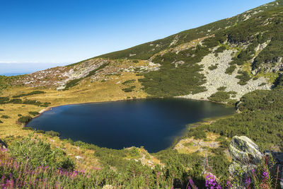 Scenic view of lake and mountains against sky