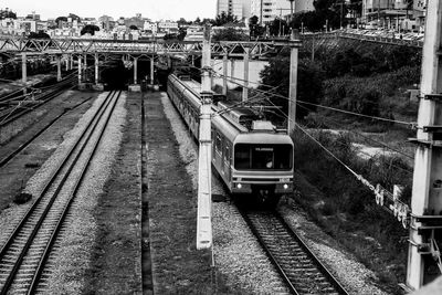 High angle view of train on railroad tracks