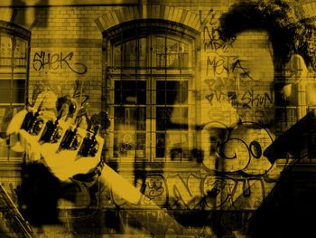 Digital composite image of graffiti on building