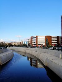 Bridge over river by buildings against clear blue sky