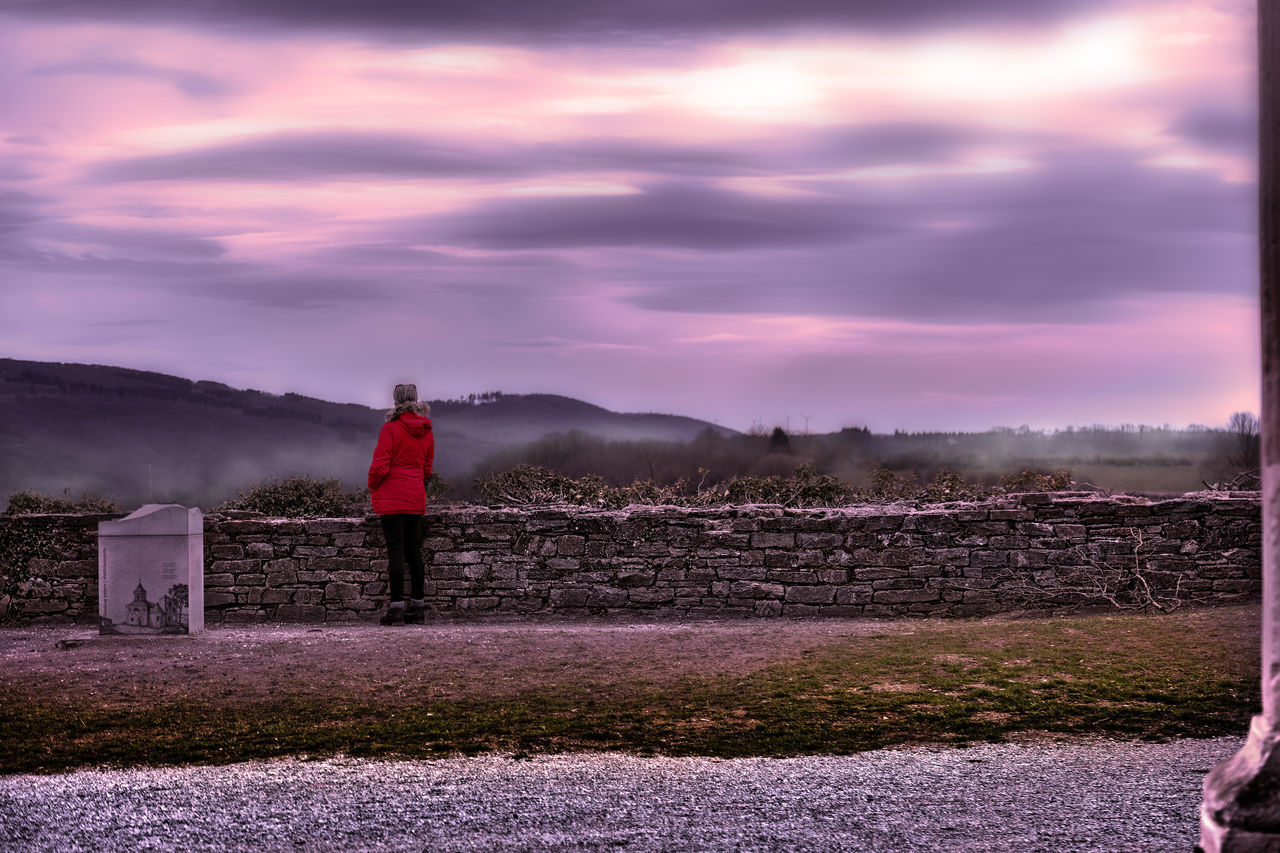 REAR VIEW OF MAN STANDING ON FIELD DURING SUNSET