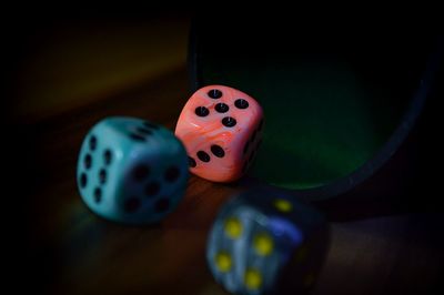 High angle view of dices on table