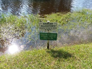 Information sign by lake