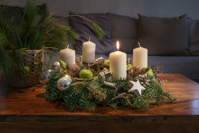 Close-up of christmas decorations on table