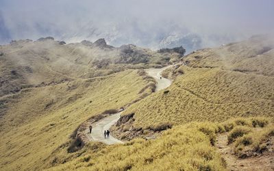 High angle view of arid landscape against sky