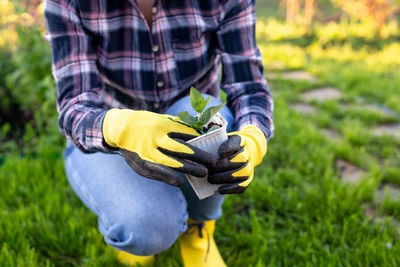 Midsection of man holding yellow while standing on land