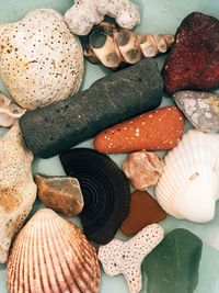High angle view of pebbles on table