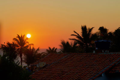 Palm trees and houses against sky during sunset