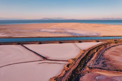 Surreal northern utah landscape pink salt lake, aerial view