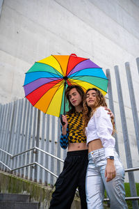 Rear view of woman holding umbrella
