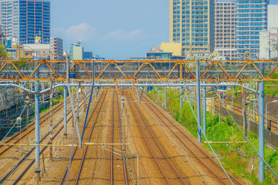 Railroad tracks amidst buildings in city against sky