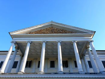 Low angle view of historical building against clear blue sky