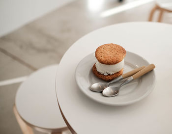 High angle view of coffee cup on table