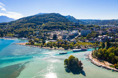 High angle view of swimming pool by sea against sky