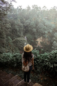 A woman on stairs staring at waterfall next to a hill