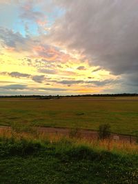 Scenic view of grassy field against sky at sunset