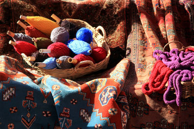 High angle view of wool spools for craft making