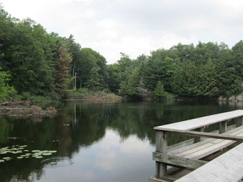 Scenic view of lake by trees against sky