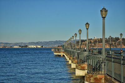 Panoramic view of sea against clear blue sky