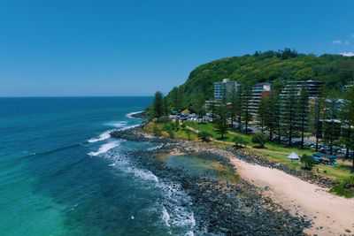 Scenic view of sea against clear blue sky